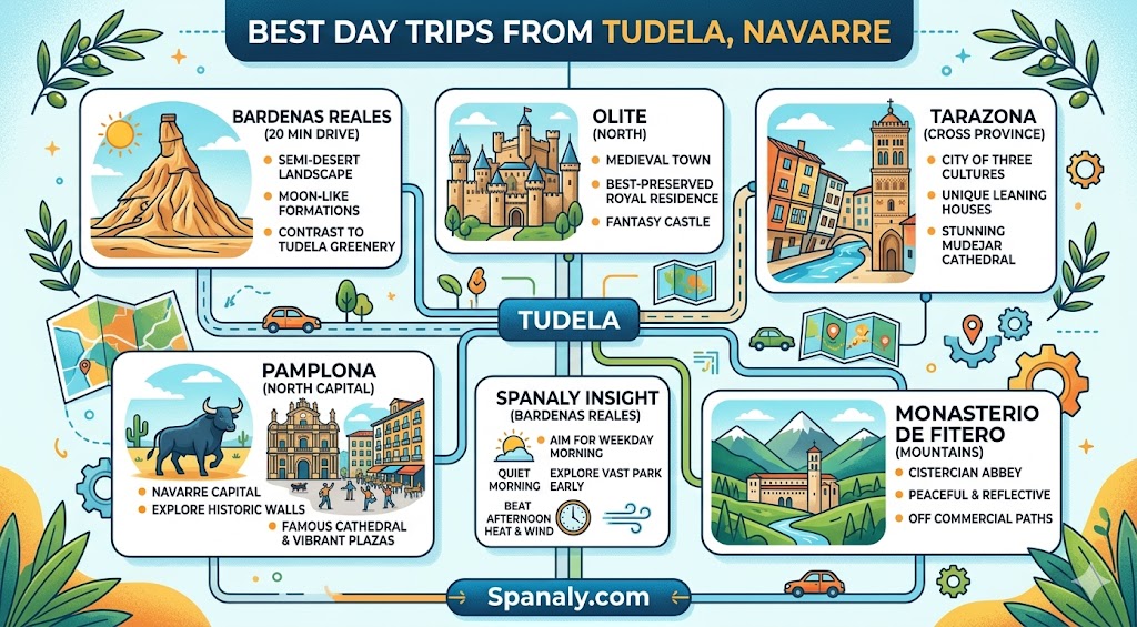 An infographic travel guide featuring the best day trips from Tudela, Navarre, including Bardenas Reales, Olite, Tarazona, Pamplona, and Monasterio de Fitero for a trip.