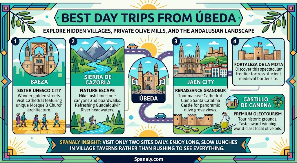 Infographic showcasing the best day trips from Úbeda, Spain, including Baeza, Sierra de Cazorla, Jaén City, Alcalá la Real, and Castillo de Canena.