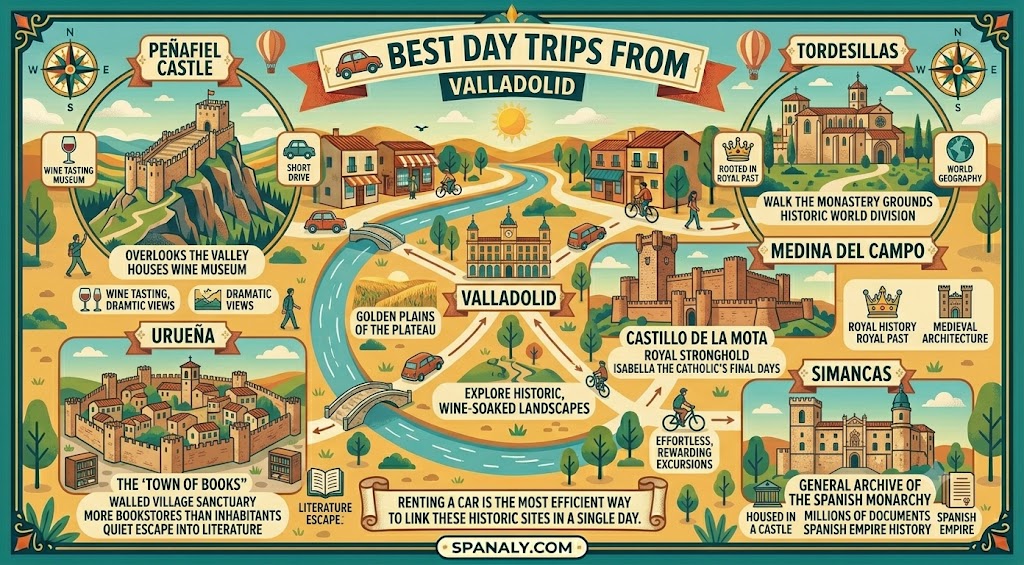An illustrative infographic highlighting the best day trips from Valladolid, including Peñafiel Castle, Tordesillas, Medina del Campo, Simancas, and the book town of Urueña for travelers.