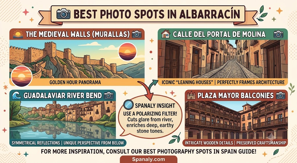 Infographic guide featuring the best photography spots in Albarracín, including the medieval walls, iconic leaning houses, and Guadalaviar River scenic viewpoints.