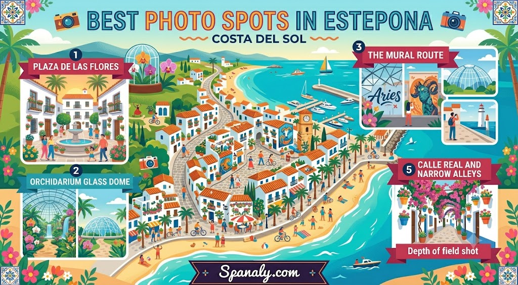 An inspiring travel infographic showcasing the best photo spots in Estepona, including the Orchidarium, Plaza de las Flores, and scenic mural routes for photography enthusiasts.