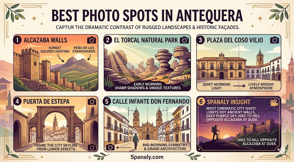 An infographic showcasing the best photography spots in Antequera, Spain, featuring scenic Alcazaba walls, El Torcal karst landscapes, and expert cinematic tips