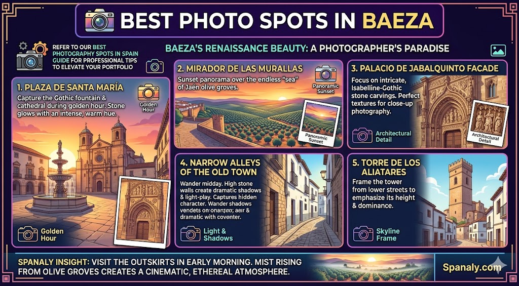 A colorful infographic featuring the best photo spots in Baeza, Spain, including the Cathedral, Mirador de las Murallas, and other architectural sites for photographers.