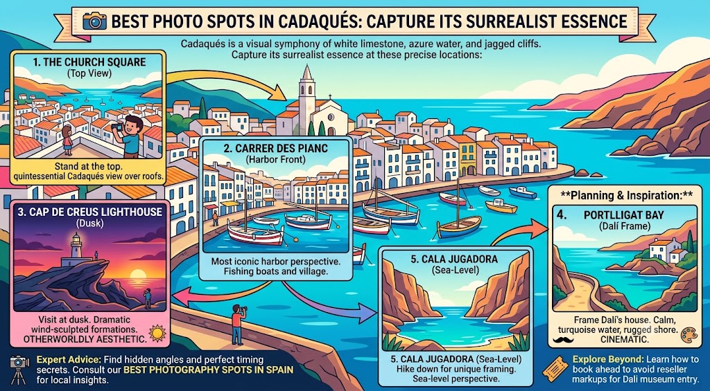 An infographic guide to the best photography spots in Cadaqués, featuring the church square, harbor views, Cap de Creus lighthouse, and hidden coves.