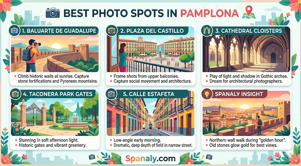 Infographic guide featuring the best photo spots in Pamplona, including Baluarte de Guadalupe, Plaza del Castillo, Cathedral Cloisters, Taconera Park, and Calle Estafeta.