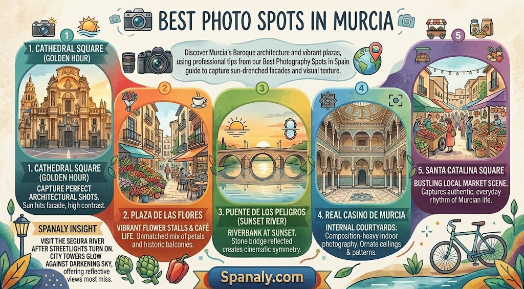 Infographic guide featuring the best photography spots in Murcia, Spain, including tips for capturing the Cathedral, Plaza de las Flores, and scenic river views.