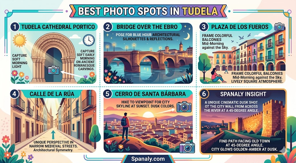 An infographic highlighting the best photography spots in Tudela, Spain, including the Cathedral portico, river bridge views, and sunset viewpoints for travel photography.