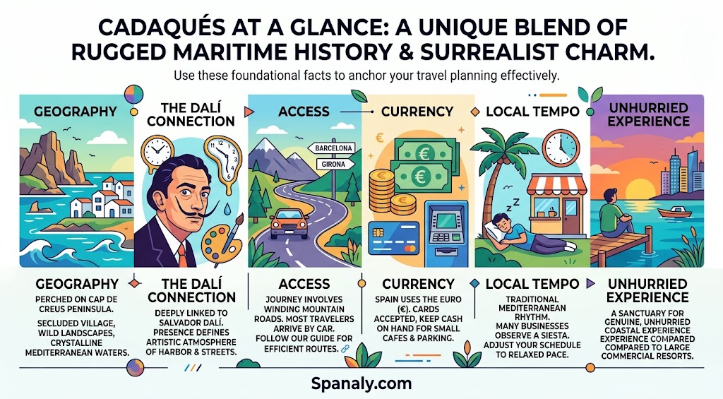 An infographic summary of Cadaqués travel essentials, including geography, the Dalí connection, access routes, currency, and local tempo for visitors.
