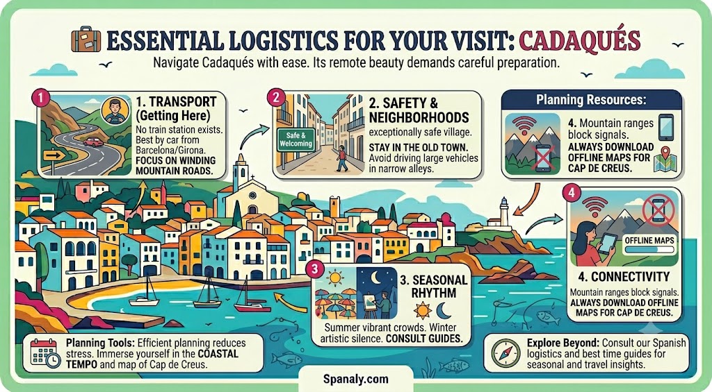 An infographic guide for travel logistics in Cadaqués, covering transport, safety, seasonal rhythms, and connectivity tips for a smooth visit.
