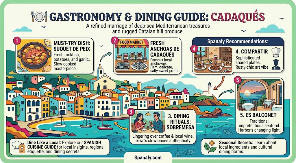 An infographic guide to Cadaqués dining, featuring traditional Suquet de Peix, local anchovies, dining rituals, and top restaurant recommendations.