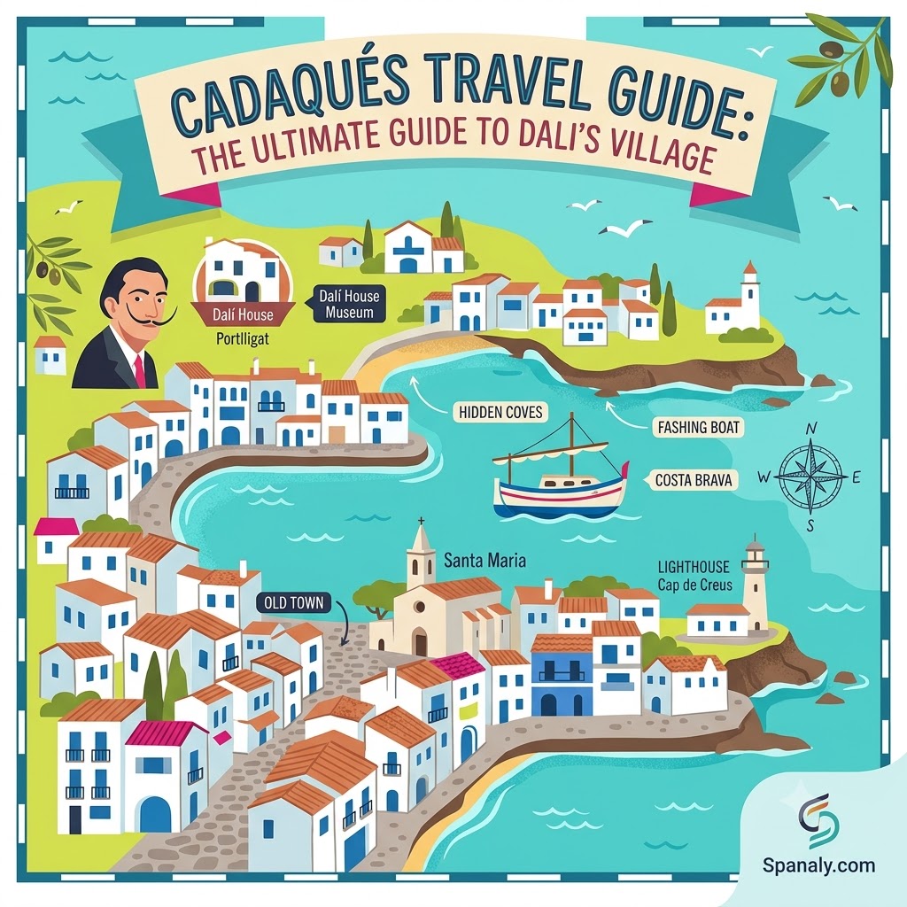 Illustrated map of Cadaqués showcasing Dalí’s house, old town, and scenic coastal views for a complete travel guide.