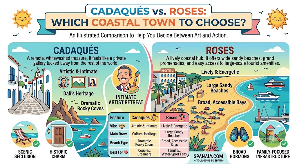A comparison infographic between Cadaqués and Roses highlighting differences in vibe, beaches, and suitability for travelers to Spain.