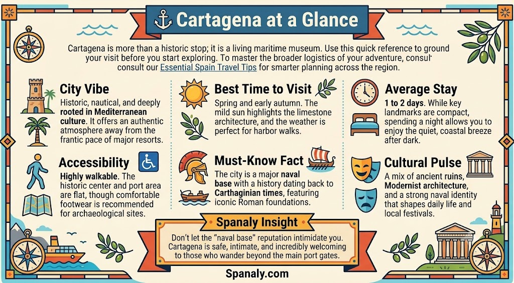Cartagena at a Glance infographic for travelers, featuring city highlights, best time to visit, and cultural facts about this historic Spanish port.