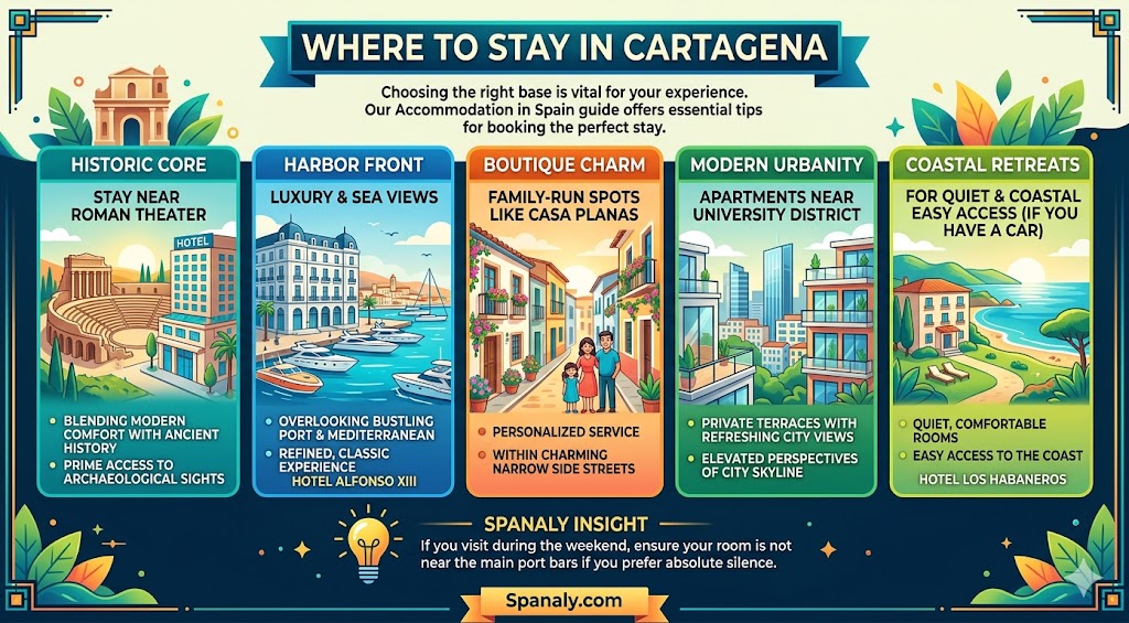 Infographic for the Cartagena, Spain travel guide comparing where to stay, including the Historic Core, Harbor Front, Boutique Charm, Modern Urbanity, and Coastal Retreats for tourists.