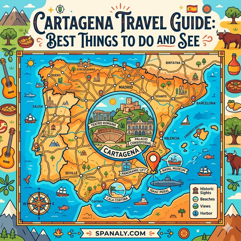 Epic infographic map of Cartagena, Spain, highlighting top landmarks like the Roman Theatre and Naval Museum for travelers.