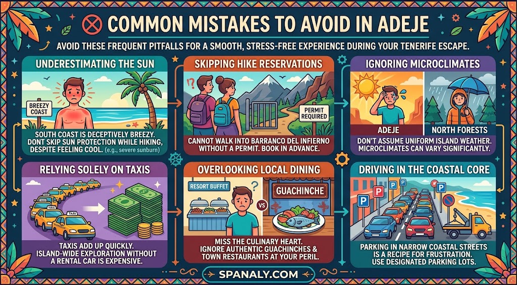 A colorful infographic illustrating common travel mistakes to avoid in Adeje, Tenerife, including sun protection tips, hiking permit requirements, transportation advice, and local dining insights.
