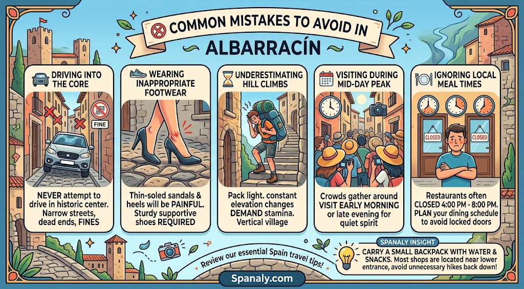 Infographic highlighting common tourist mistakes to avoid when visiting Albarracín, including driving restrictions, footwear advice, meal times, and navigation tips for the medieval village.