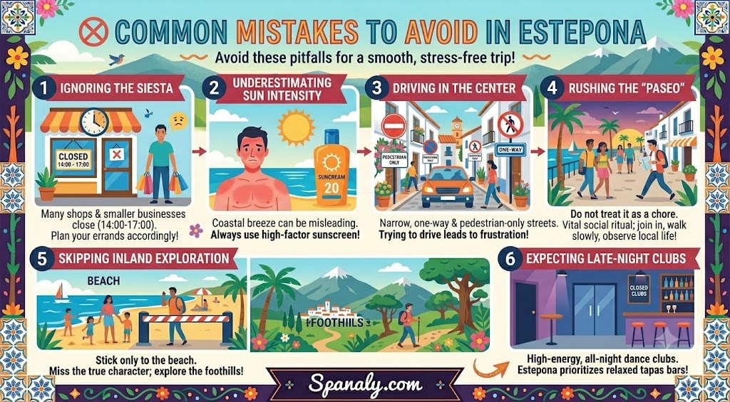 A useful travel infographic highlighting common mistakes to avoid in Estepona, including tips on siesta times, sun safety, driving, and cultural etiquette for a stress-free trip.