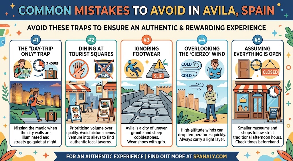 Infographic highlighting common travel mistakes to avoid in Avila, Spain, including tips on dining, footwear, weather preparation, and avoiding the day-trip trap.