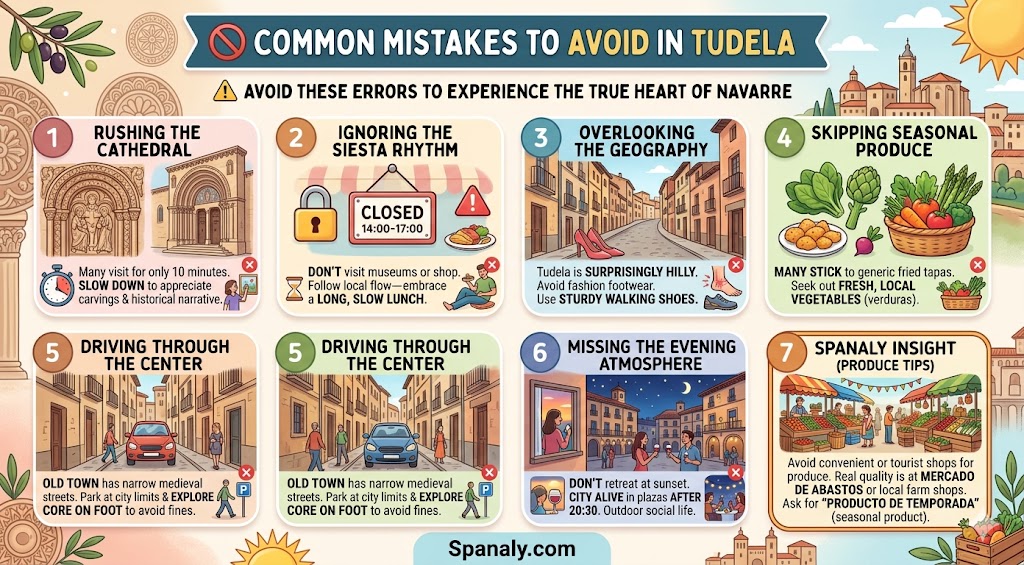 An infographic highlighting common travel mistakes to avoid in Tudela, Spain, such as rushing the cathedral, ignoring siesta hours, and overlooking local produce for a travel guide.