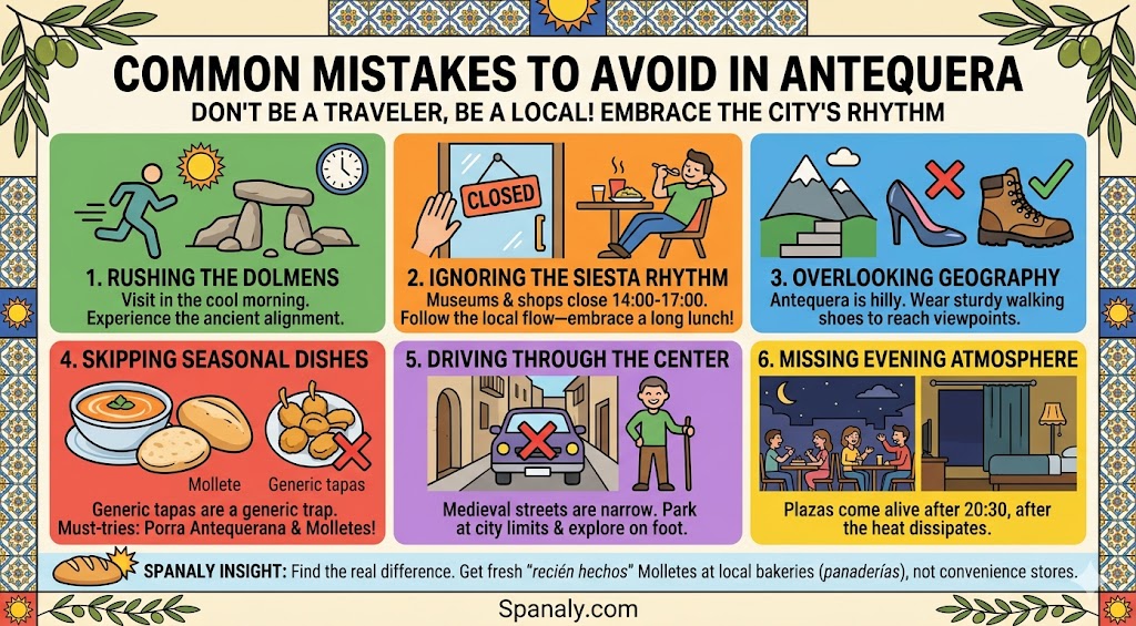 An infographic guide detailing common travel mistakes to avoid in Antequera, Spain, including tips on visiting the Dolmens, respecting siesta hours, and finding authentic local food.
