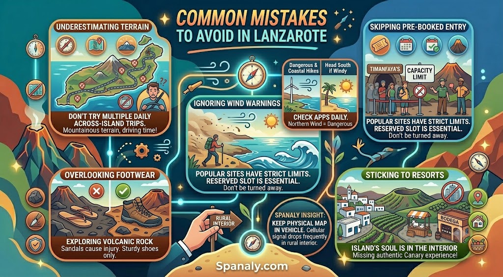 Colorful infographic outlining common travel mistakes to avoid in Lanzarote, including tips on terrain, wind warnings, pre-booking requirements