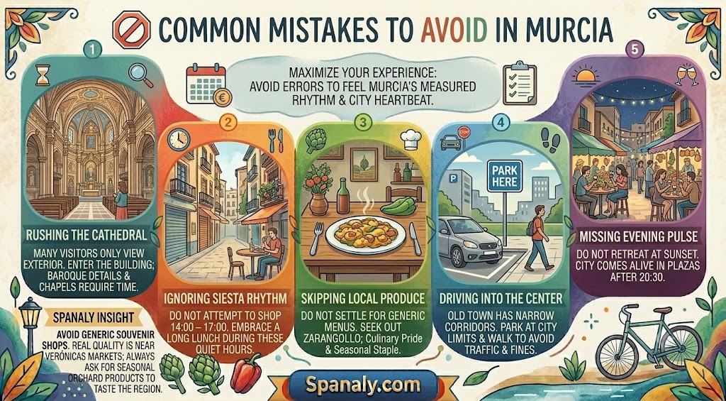 Infographic guide highlighting common travel mistakes to avoid when visiting Murcia, Spain, including tips on Cathedral visits, siesta etiquette, and local parking advice.