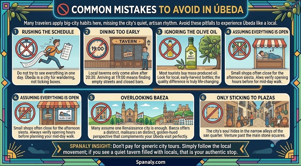 Infographic outlining common travel mistakes to avoid when visiting Úbeda, Spain, including tips on dining times, shopping, and local exploration.