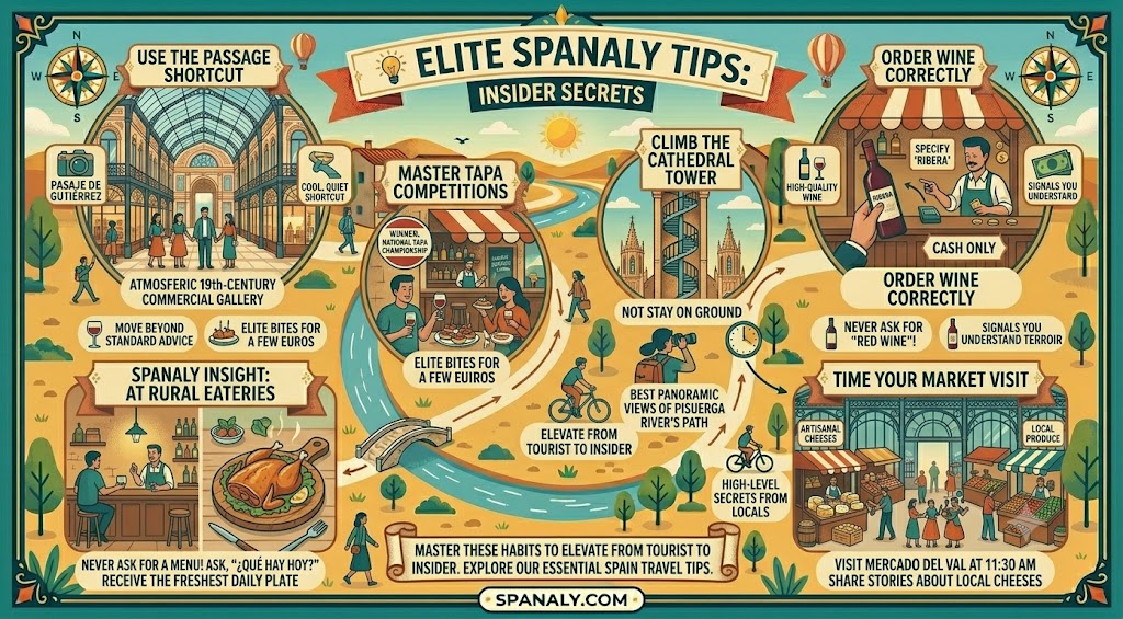 An illustrative infographic featuring elite Spanaly travel tips for Valladolid, including insider secrets on local dining, market visits, wine ordering, and architectural shortcuts for an authentic experience.