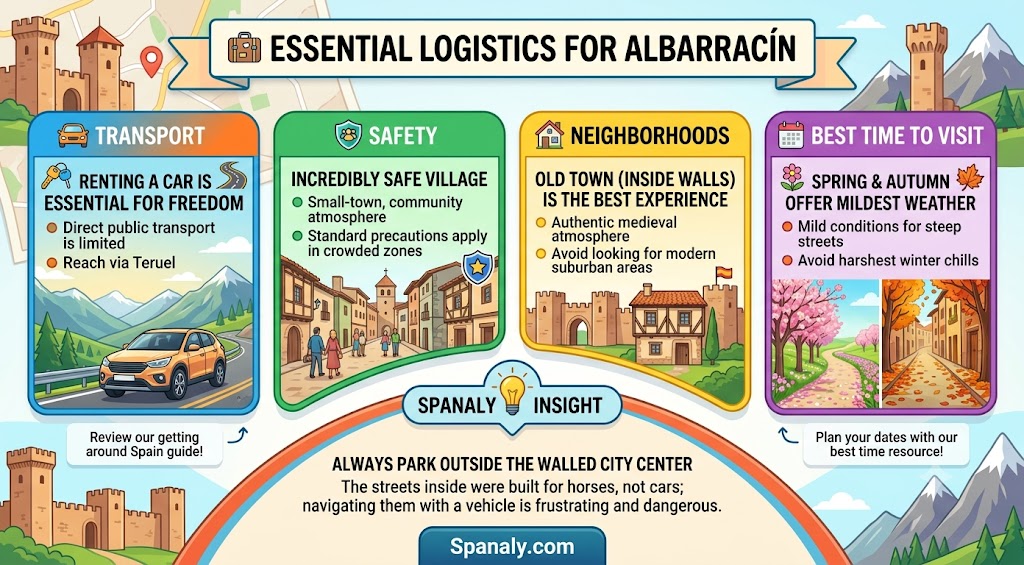 Infographic guide detailing essential travel logistics for visiting Albarracín, including transport, safety, best time to visit, and parking tips for the medieval village.