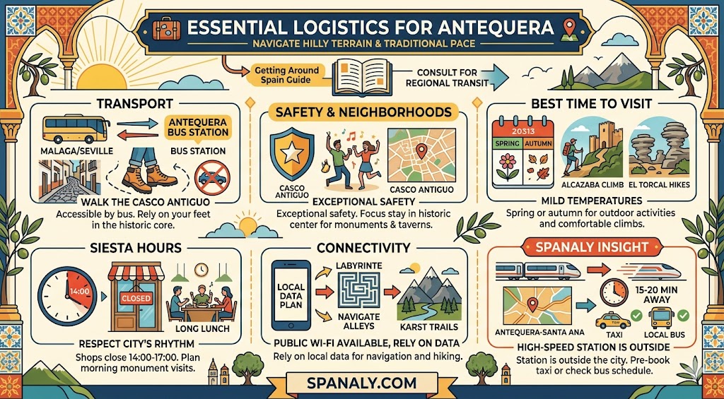 An infographic guide covering essential travel logistics for Antequera, Spain, including transport tips, safety, siesta hours, and connectivity for a trip.