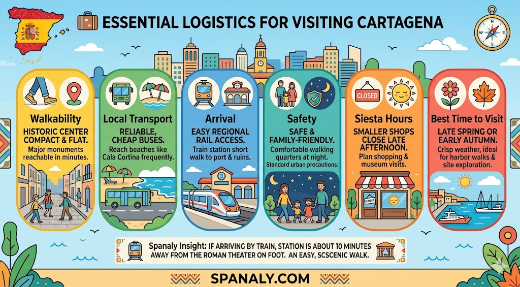 Infographic outlining essential travel logistics for Cartagena, Spain, including walkability, local transport, safety tips, and best time to visit for tourists.