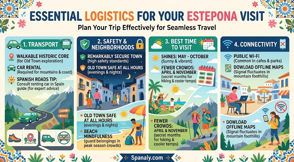 A practical travel infographic detailing essential logistics for visiting Estepona, covering transport, safety tips, best visiting months, and connectivity advice.