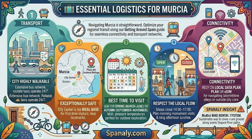 Infographic guide on essential logistics for visiting Murcia, Spain, covering transport, safety tips, best time to visit, siesta hours, and local connectivity advice for travelers.