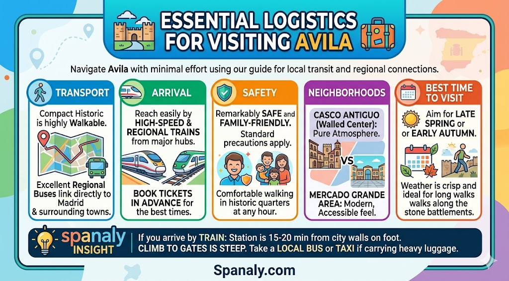 Infographic guide showing transportation, safety, and best travel tips for visiting Avila, Spain, including walking advice and station connectivity.