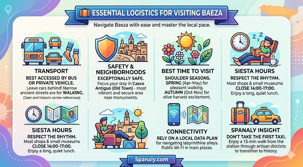 A colorful travel infographic outlining essential logistics for visiting Baeza, Spain, covering transport, safety, best visit times, and local travel tips.