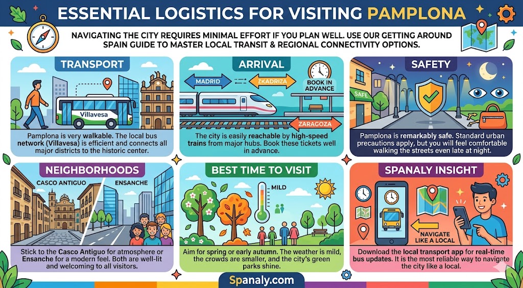 Infographic guide on essential logistics for visiting Pamplona, covering transportation, arrival by train, safety tips, neighborhoods, and the best time to visit.