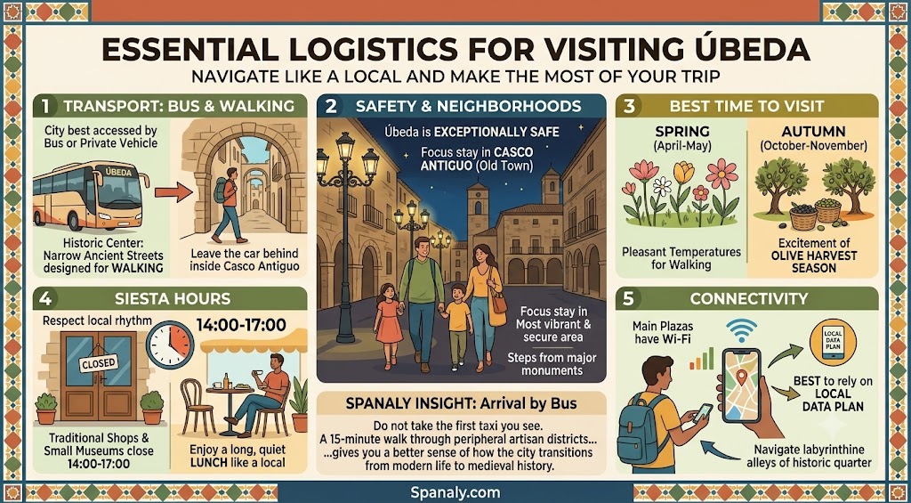 Infographic guide on essential logistics for visiting Úbeda, including transport, safety, siesta hours, and best travel times.