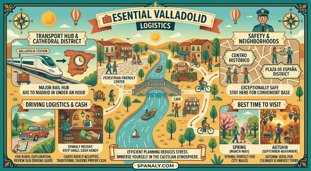 An illustrative infographic detailing essential travel logistics for Valladolid, including AVE high-speed rail access, neighborhood safety, best seasons to visit, and local payment tips for travelers.