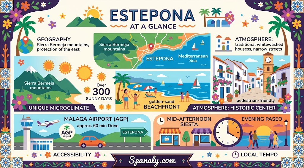 An informative travel infographic of Estepona, Spain, summarizing geography, climate, and local culture for travelers visiting the Costa del Sol.