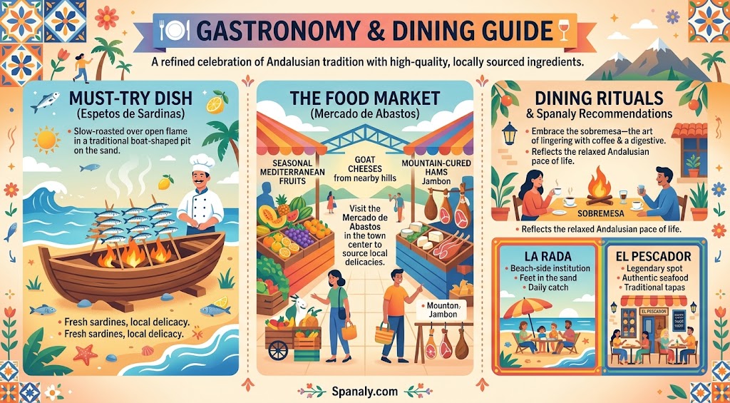 An appetizing travel infographic guide to Estepona's gastronomy, featuring must-try dishes like Espetos de Sardinas, local food markets, and authentic dining recommendations.