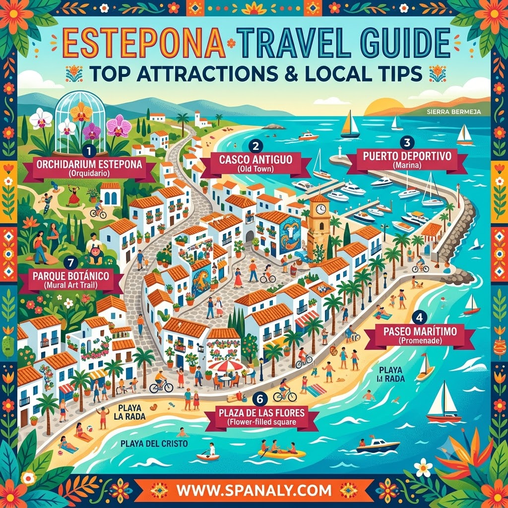 An epic travel infographic map of Estepona, Spain, showcasing top attractions like the Orchidarium, Old Town, and beaches for a complete visitor guide.
