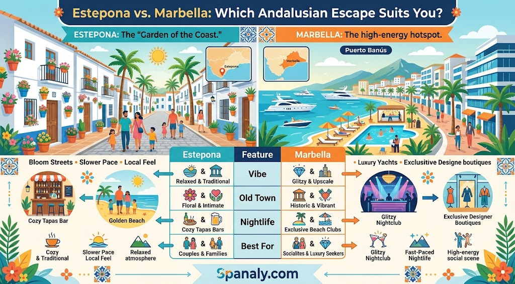 A comparison infographic between Estepona and Marbella, highlighting key differences in vibe, lifestyle, and attractions for travelers choosing their Andalusian destination.