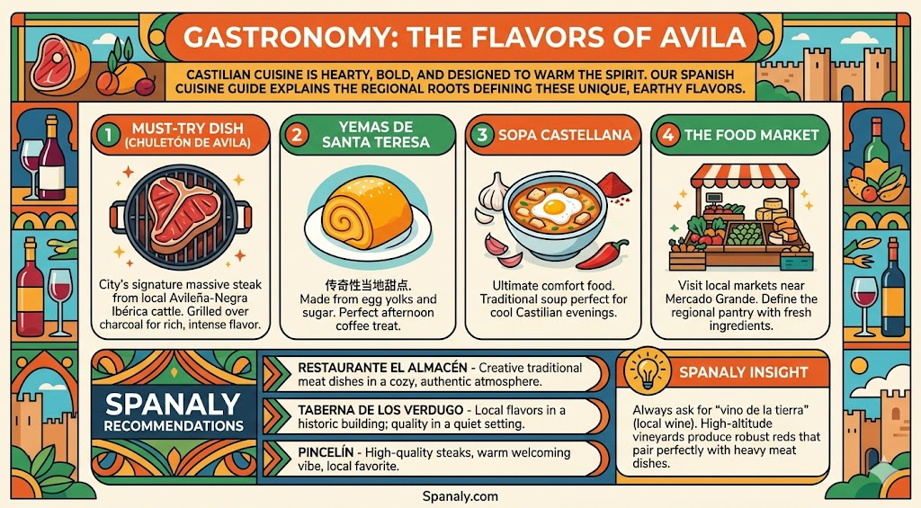 Infographic guide highlighting the flavors of Avila, Spain, featuring must-try dishes like Chuletón de Avila, Yemas de Santa Teresa, Sopa Castellana, and top local restaurant recommendations.