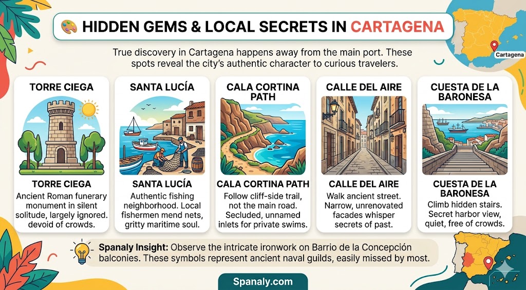 Infographic showcasing hidden gems in Cartagena, Spain, including Torre Ciega, Santa Lucía fishing neighborhood, and secret viewpoints for travelers.