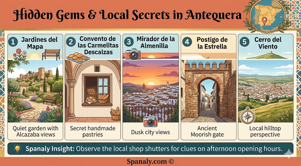 An infographic revealing hidden gems and local secrets in Antequera, Spain, including quiet gardens, traditional pastries, and scenic viewpoints for authentic travel.