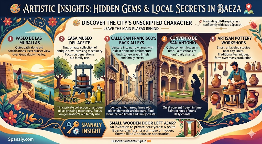 A colorful infographic highlighting hidden gems and secret local spots to explore in Baeza, Spain, perfect for off-the-grid travel discovery.