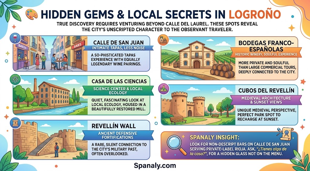Infographic showcasing hidden gems in Logroño, including Calle de San Juan, Revellín Wall, and unique local experiences for travelers.