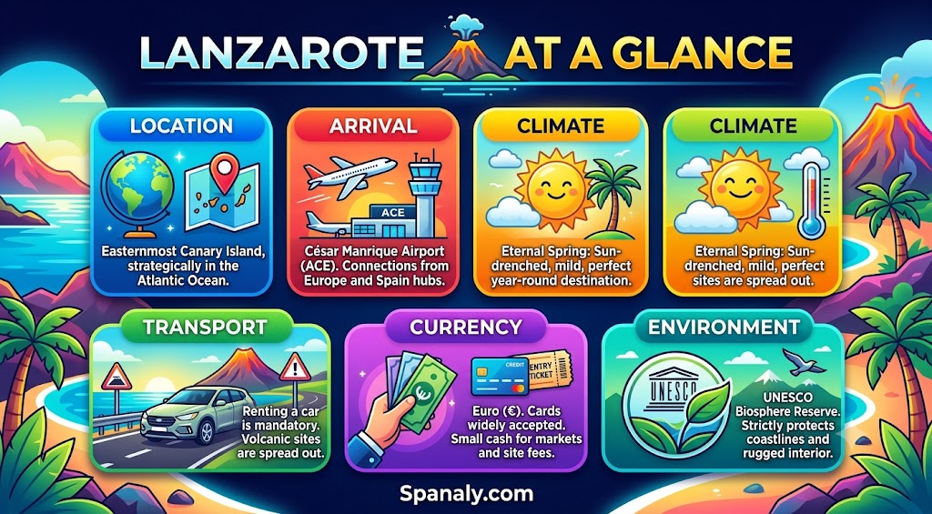 Colorful infographic summarizing essential travel information for Lanzarote, including location, climate, transport, and UNESCO environmental status