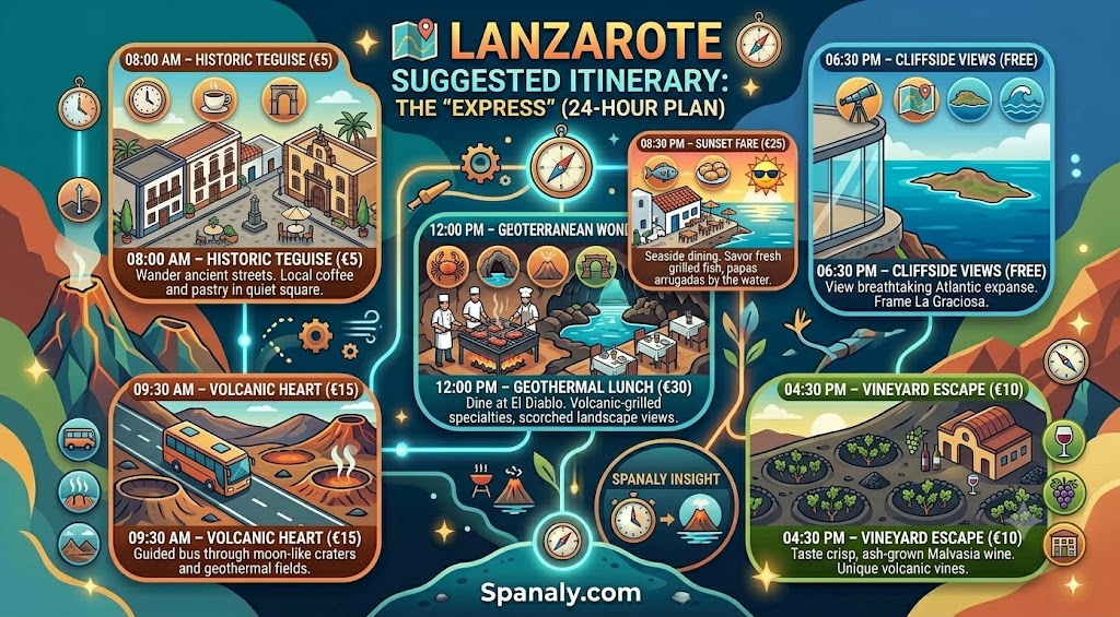 Colorful infographic featuring a 24-hour suggested itinerary for Lanzarote, including stops at Timanfaya, Jameos del Agua, and La Geria for efficient travel planning.